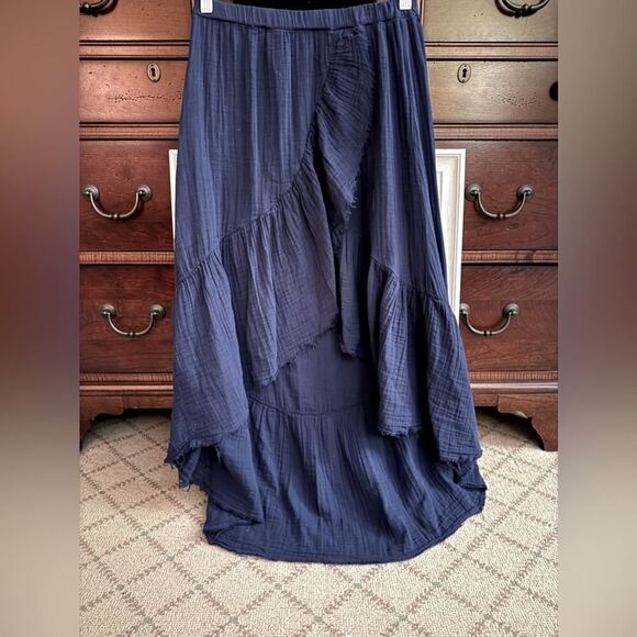 Stark X  navy blue boho guaze ruffled high low hem longer maxi skirt M NWOT - Picture 1 of 10